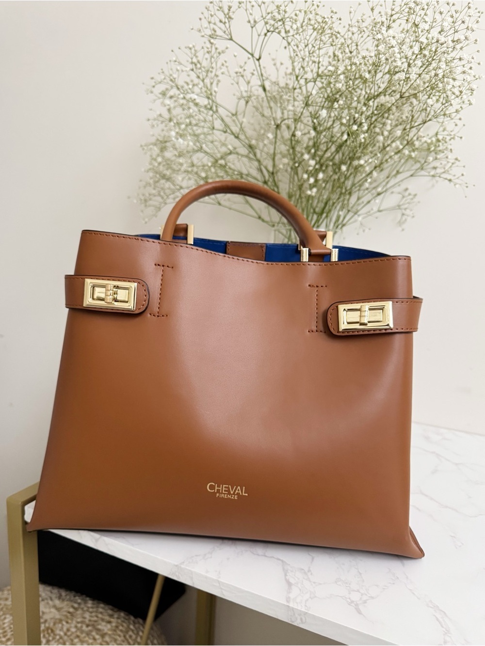 Cheval Firenze Italian Leather Top Handle Bag Brown Gold Hardware NWT - Picture 8 of 11